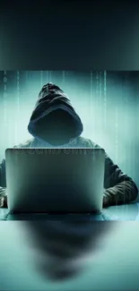 Hacker with hood in front of laptop, digital code background.