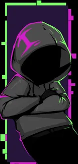 Mystery hooded figure with neon accents on dark background.