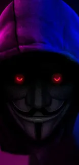 Mystery hooded figure with red eyes in purple and blue hues mobile wallpaper.