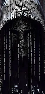 Digital art of a hooded figure with a cyber theme in dark tones.