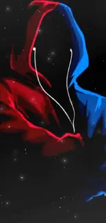 Mysterious figure in red and blue hoodie artwork.