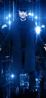 Mysterious figure in a blue mirrored room with glowing reflections.