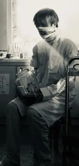 Monochrome wallpaper of a person in a lab setting, exuding mystery.