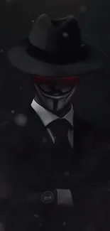 Mysterious figure in a dark suit and hat with a noir style.