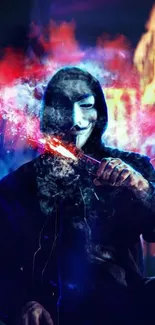 Masked figure with vibrant red and blue smoke, creating a dramatic visual.