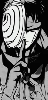 Black and white anime-style mysterious character artwork.