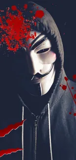 Dark-themed wallpaper with mysterious mask and red accents.