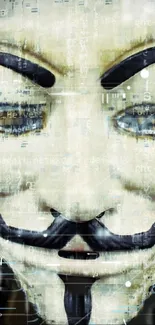 Hacker mask with digital coding overlay on mobile wallpaper.