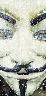 Close-up of a mysterious mask with raindrops on glass, creating a mystical vibe.