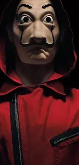 Mobile wallpaper with a mystery mask and red hoodie.