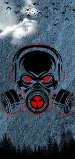 Gas mask design with moonlit background on textured phone wallpaper.