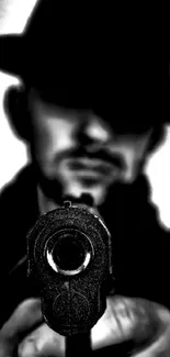 Mysterious noir figure aiming gun in black and white style.