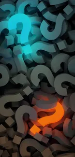 3D question mark wallpaper with neon blue and orange glow.