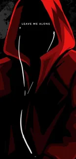 Red hooded figure with mysterious look on mobile wallpaper.