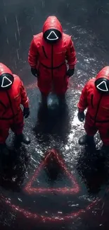Enigmatic figures in red suits under rain.