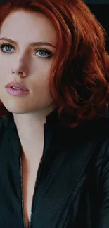 Mysterious redhead woman with striking red hair and green eyes in black outfit.