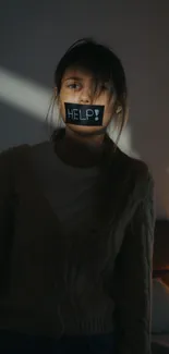 Dark, shadowy portrait of a girl with 'Help!' on tape over mouth.