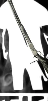 Silhouette with rifle in artistic wallpaper design.