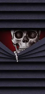 Dark wallpaper with skull behind blinds on red background.