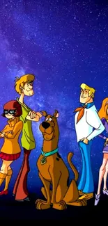 Cartoon mystery team in a galaxy background wallpaper.