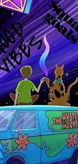 Cartoon duo with mystery van under a purple starlit sky.