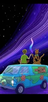 Animated van under a cosmic starry sky at night.