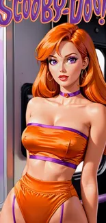 Stylish animated character in orange with purple highlights on a mobile wallpaper.