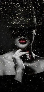 Mysterious woman with black hat and red lips on dark background.