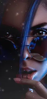 A mysterious woman with blue sunglasses in a deep blue and dark themed portrait.