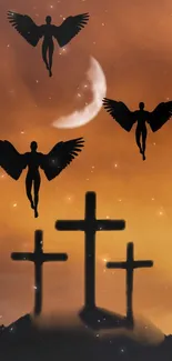 Angels and crosses against an orange sky with crescent moon.