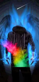 Hooded figure with vibrant aura and angel wings on dark background.