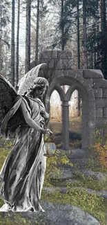 Angel statue in a forest with ancient ruins background.