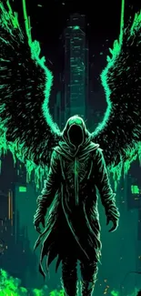 Dark angel with neon green wings in a cityscape mobile wallpaper.