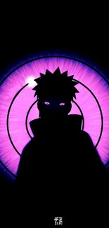 Anime silhouette with glowing purple aura background.