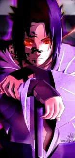 Anime character with purple and dark tones, vibrant eyes and intense expression.