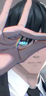 Anime character with blue eyes in a suit, hand framing face.