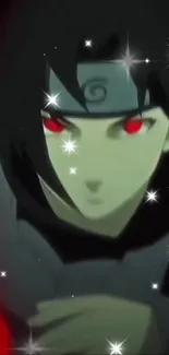 Anime hero with red eyes and a black starry background.