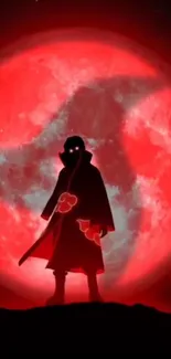 Silhouette against a vivid red moon in anime style.