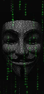 Anonymous mask with green digital code on black background.