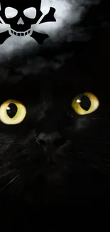 Black cat with yellow eyes under a cloudy sky and skull.