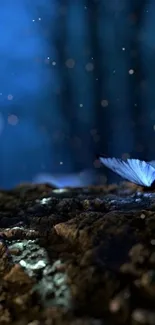 Blue butterflies resting on a forest log in a mystic scene.