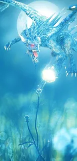 Mystical blue dragon flying over glowing plant in fantasy scene.