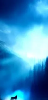 Mystic blue forest with lone wolf in ethereal light.