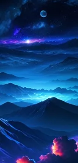 Mystical blue mountains with starlit night sky wallpaper.