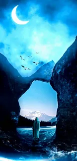 Mystic blue nightscape with crescent moon and ocean.