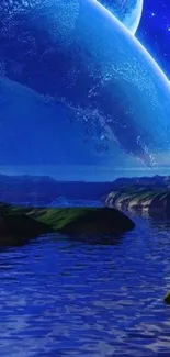 Mystic blue planet over serene water with starry sky.