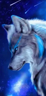 Mystic blue wolf under a starry sky.