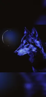 Blue wolf with a moonlit backdrop in digital art design.