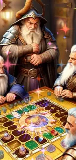 Four wizards engaged in a mystical board game surrounded by magic and fantasy.