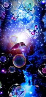 Mystical galaxy wallpaper with butterflies and sparkling stars.